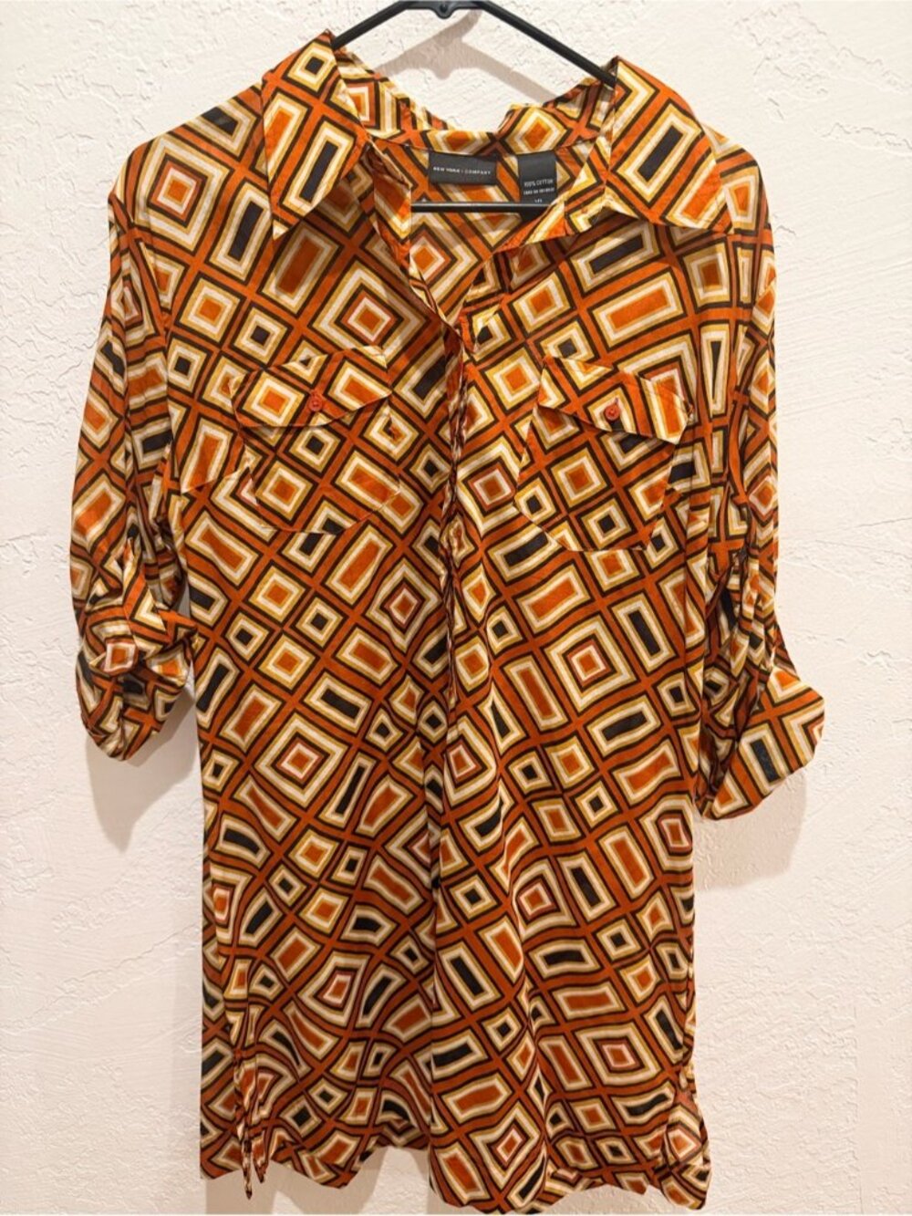 New York & Company Geometric Print Midi Dress in Orange and Brown